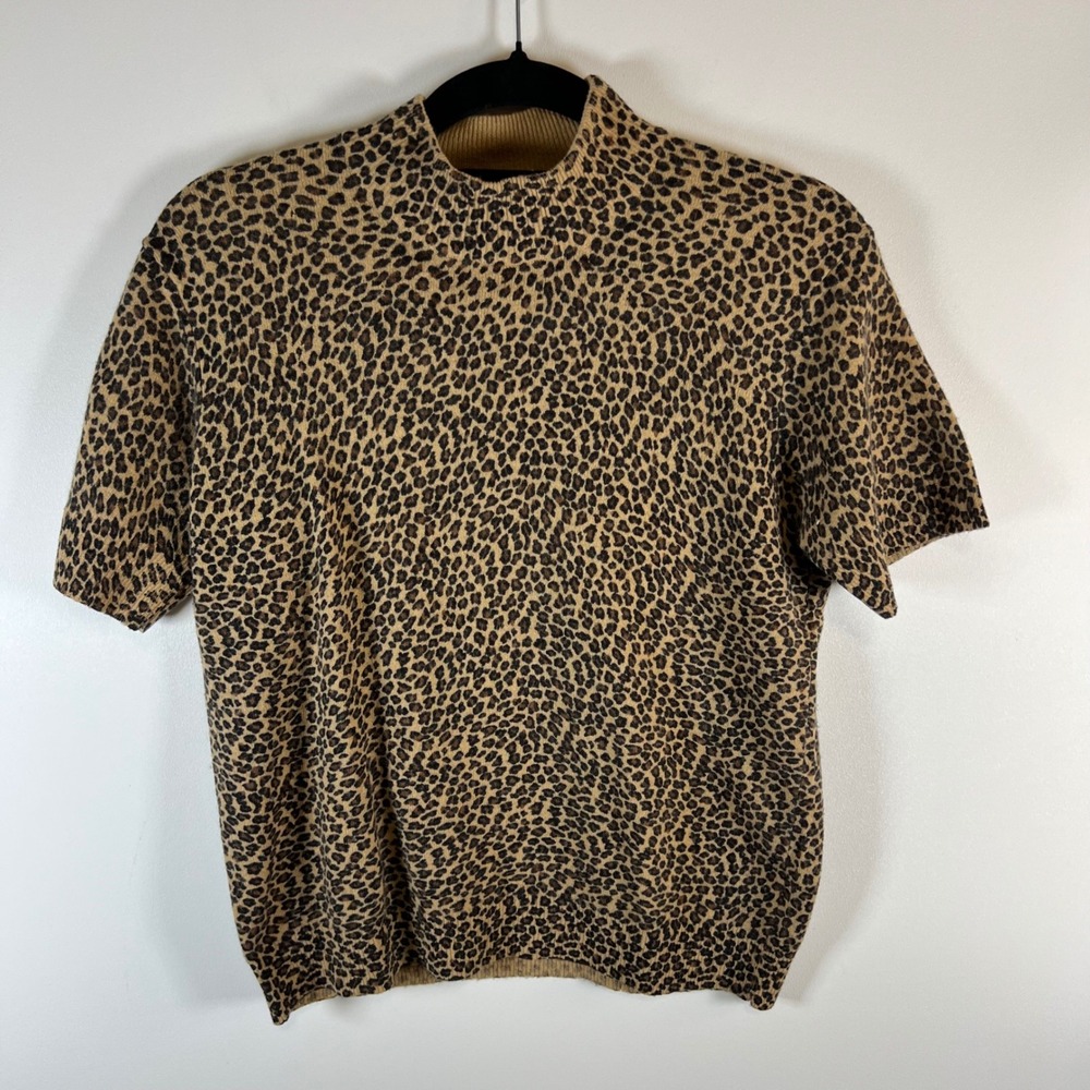 NINA‎ LEONARD Leopard Print Mock Neck Short Sleeve Sweater Top Women's M Luxury